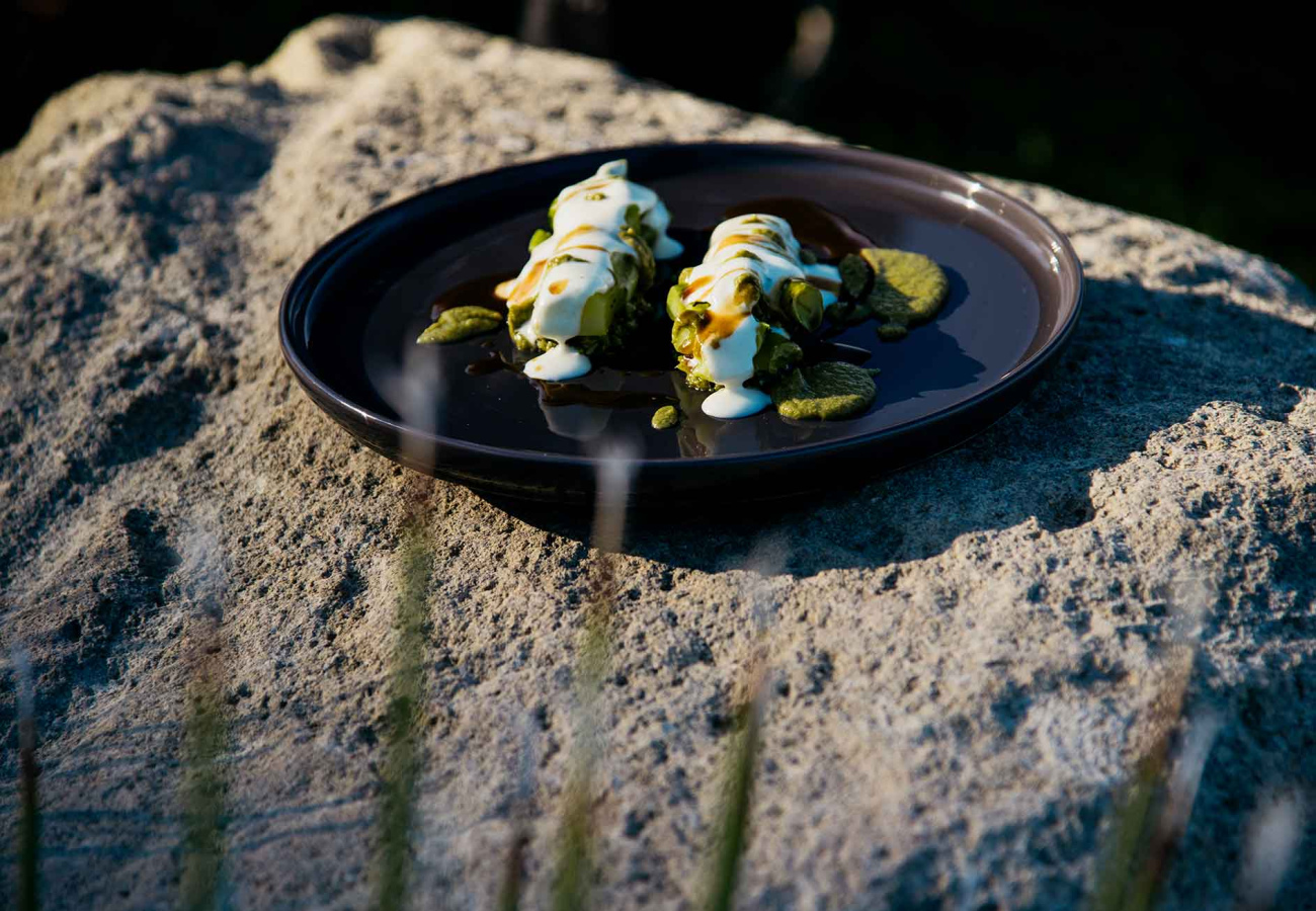 Piatto gourmet su pietra, con salsa verde e crema bianca.