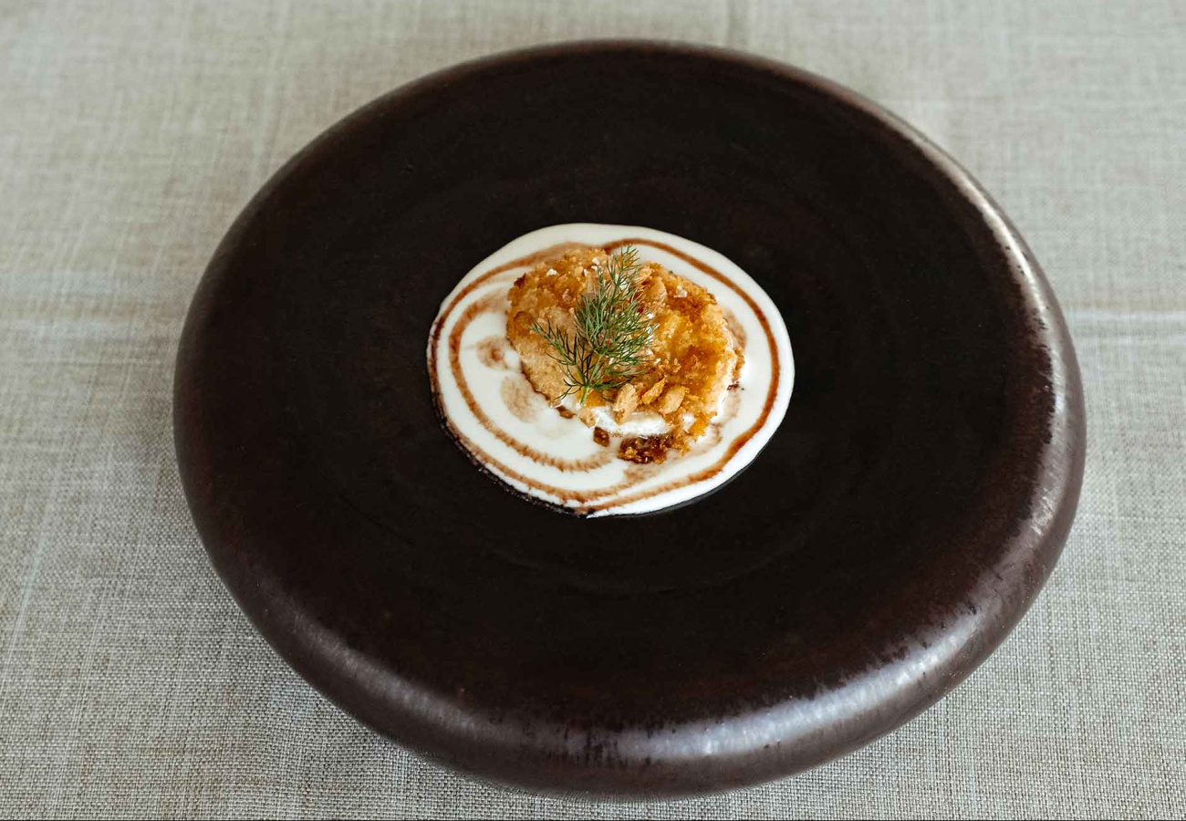 Piatto elegante con crema, croccantezza e guarnizione di erbe su piatto scuro.